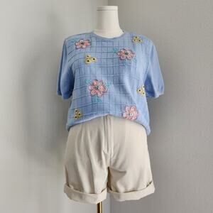 Vintage Y2K Blue Floral Embroidered Short Sleeve Knit Top Alfred Dunner L Spring